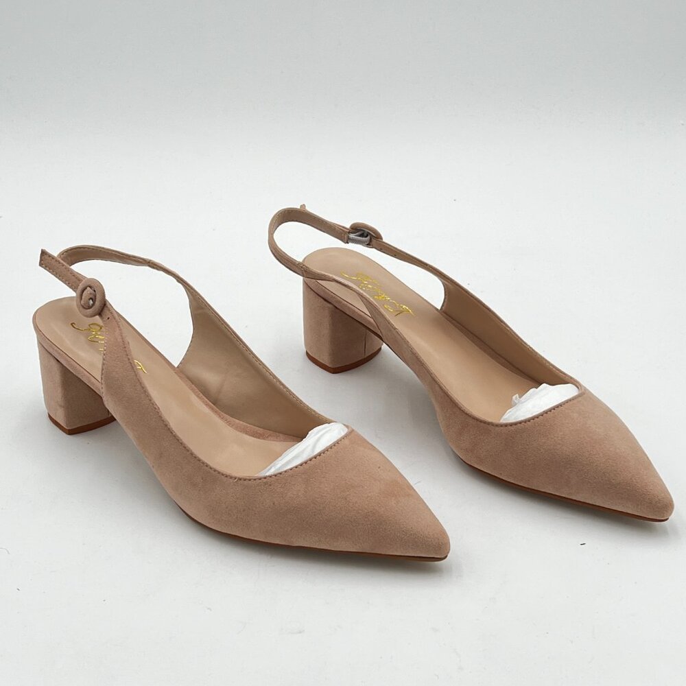Nude Suede Women POinted Toe Slip on Pumps Block Low Heel Slingbacks Shoes